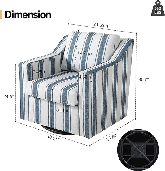 Pia Ricco Set of 2 Oversized Modern Striped Fabric Swivel Accent Chairs with Removable Covers, Living Room Reception Set,Navy