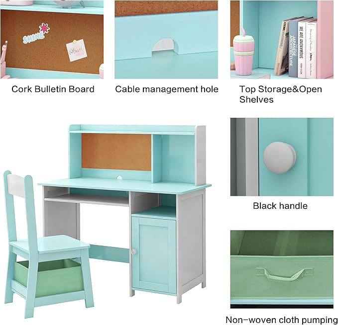TaoHFE Blue Kids Desk Chair,Kids Desk with Storage and Shelf,Wooden Kid Desks and Chair Set for Bedroom and Study,Kid Study Desks for Boys, Girls Table and Chair Set