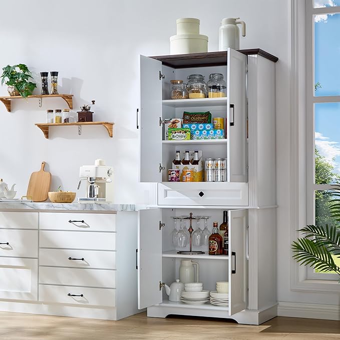 71" White Tall Pantry Cabinet with Drawer and Adjustable Shelves, Modern Storage Cabinet with Doors, Kitchen Buffet Cabinet, Food Pantry Storage Cabinet, Coffee Bar, Living Room and Dining Room