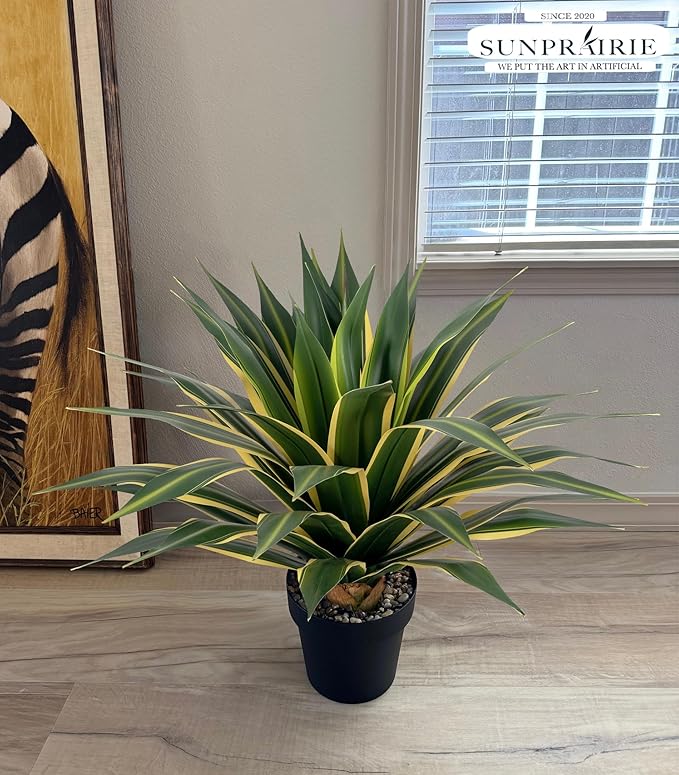 SUNPRAIRIE 34 Inch Tall Large Artificial Agave Plant in Pot with 45 Leaves, Forest Green with Yellow-Edges. Outdoor and Indoor Faux Plants.