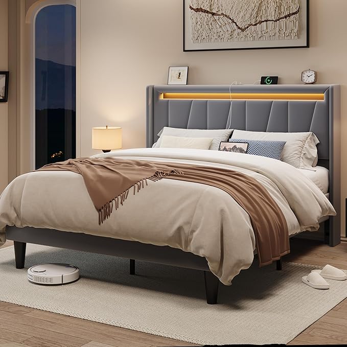 Allewie Full Size LED Bed Frame with Charging Station, Velvet Upholstered Platform Bed with Geometric Wingback Headboard, Modern Frame with No Box Spring Needed, Easy Assembly, Grey