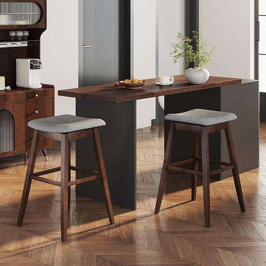 COSTWAY Swivel Bar Stools Set of 2, 30-inch Height Backless Upholstered Chairs with Padded Contoured Seat, Rubber Wood Legs, Footrest, Linen Fabric Barstools for Kitchen Counter Island, Grey+Brown
