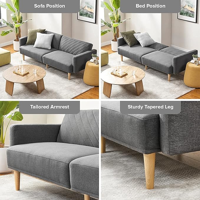 mopio 76.4" Futon Sofa Bed, Couch, Loveseat, Sleeper Sofa, Mid Century Modern Futon Couch, Sofa Cama, Couches for Living Room (Dark Gray Fabric)