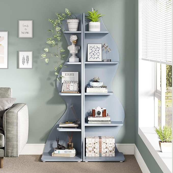 Tribesigns Corner Shelf, Modern 5-Tier Wall Corner Bookshelf, Stylish Corner Small Bookcase Storage Rack Plant Stand with Unique Shape for Living Room, Home Office (Blue, 2PCS)