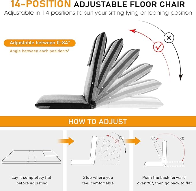 Floor Chair with Water Repellent Fabric 14-Position Adjustable Floor Chair with Back Support Portable Floor Seat for Adults Foldable Meditation Seat with Washable Cover (Dark Grey)