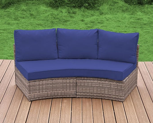 Patio Furniture Sets, 3 Piece Half-Moon Sectional Round Sofa Set, Outdoor Patio Furniture with Cushions for Beach, Pool, Balcony, Blue
