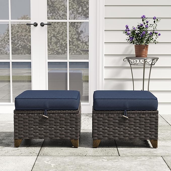 2 Pieces Patio Outdoor Ottomans with Removable and Washable Covers,PE Rattan Wicker Footstools for Porch, Garden, Sunroom (Navy Blue)