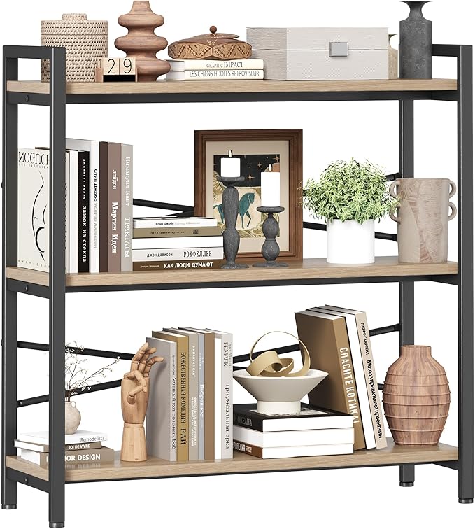 Book Shelf, 3 Tier Bookshelf 31.49" Width, Book Shelf Storage and Organization, Wooden and Metal Industrial Bookcase, Large Book Shelves for Home Living Room Bedroom Office Storage(Light Coffee)