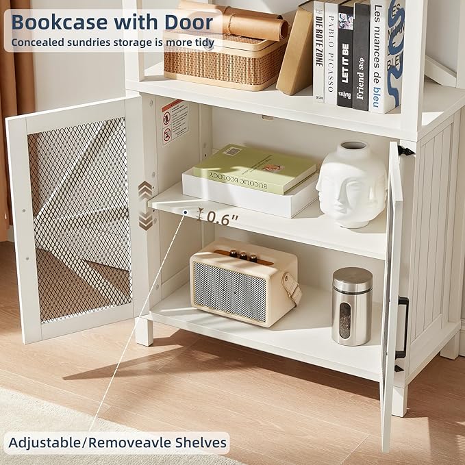 5 Tier Bookshelf 70" Tall Bookcase with Barn Doors,Large Farmhouse Display Book Shelf with Adjustable Shelves and Storage Cabinet,Library Wood Bookshelves for Living Room,Kitchen,White(2PCS)