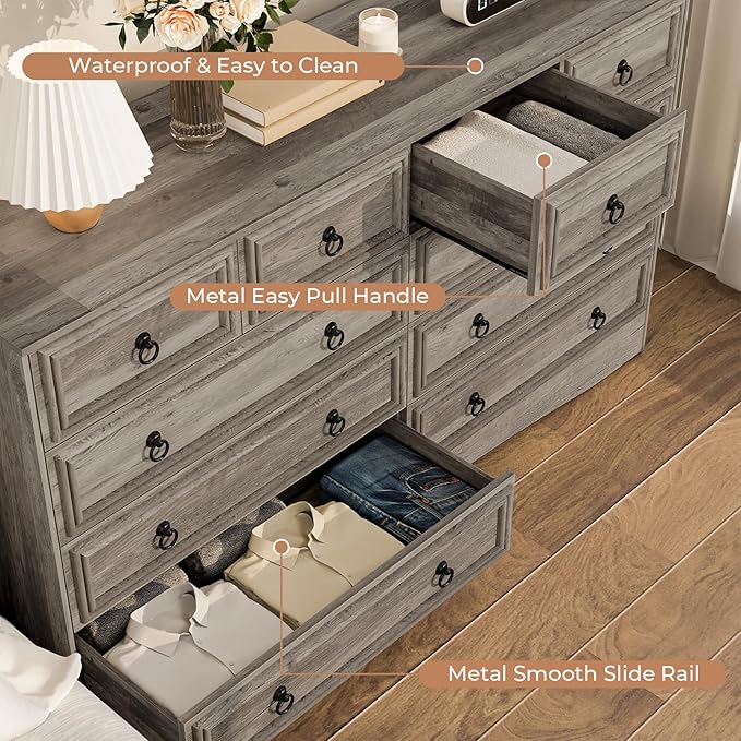 10 Drawers Dresser for Bedroom, 55.2 Inch Wide Large Dressers & Chests of Drawers, TV Stand for 65 inch, Storage Organizer Furniture, Hallway, Entryway, Closet, Brownish Grey