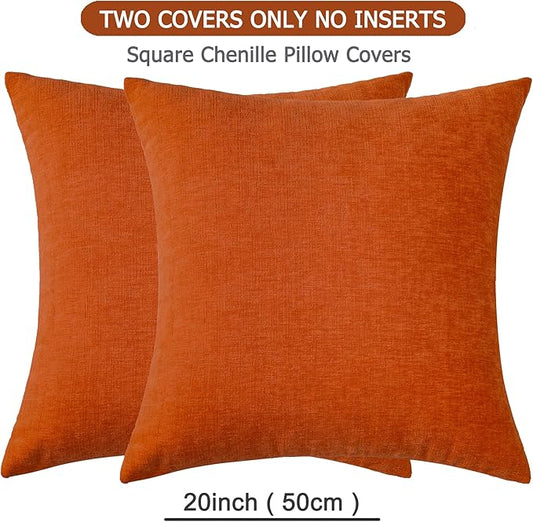 GAWAMAY Decorative Square Throw Pillow Covers 20x20 Inch Set of 2, Super Soft Chenille Pillows Farmhouse Fall Pillowcase for Living Room Bedroom Sofa Couch Cushion Cover Burnt Orange 50x50cm/20x20