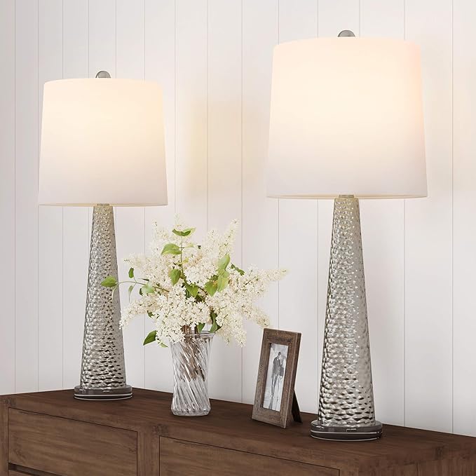 Lavish Home 30 Inch Table Lamps Set of 2 Contemporary Hammered Glass Lights for Bedroom, Living Room, and Office with Energy-Efficient LED Bulbs (Silver)