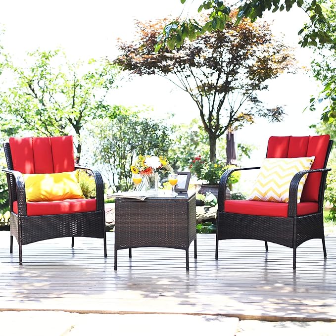 COSTWAY 3 Pieces Patio Rattan Furniture Set, Outdoor Conversation Chair Set with Coffee Table & 2 Cushions for Backyard, Porch, Poolside, Lawn, Garden, Red