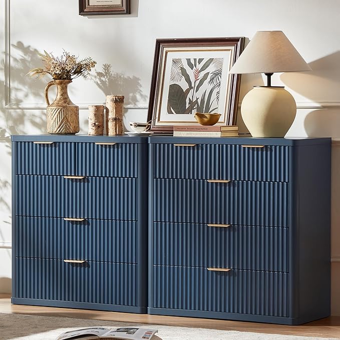LEYAOYAO Fluted 5 Drawers Dresser for Bedroom Set of 2, 34" Tall Modern Chest of Drawers with Metal Handle, Curved Profile Design,Navy Blue Wood Drawer Organizer for Bedroom, Living Room, Hallway