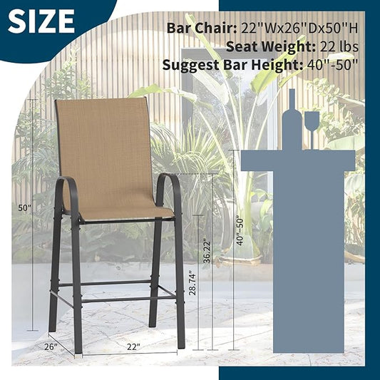 Amopatio Outdoor Bar Stools Set of 8, Bar Hight Patio Chairs, Sturdy High Back Outdoor Bar Chairs, All-Weather Textile Patio Bar Stools for Backyard, Porch, Balcony, Brown