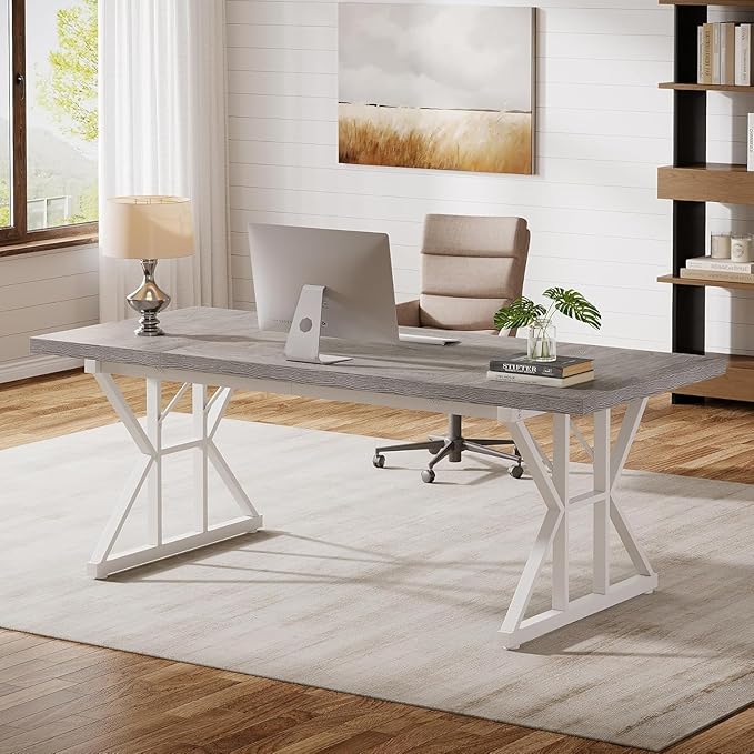 Tribesigns 70.86-Inch Large Executive Desk, Industrial Home Office Computer Desk, Simple Long Writing Study Table Business Furniture (Grey/White)
