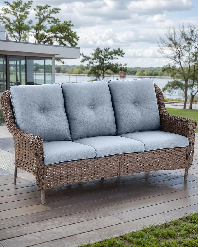 Patio Couch Outdoor Wicker Sofa - Heavy Duty All-Weather Brown Rattan 3-Seater with High Back and Comfortable Thick Cushions for Garden Back Porch Poolside Apartment - Baby Blue