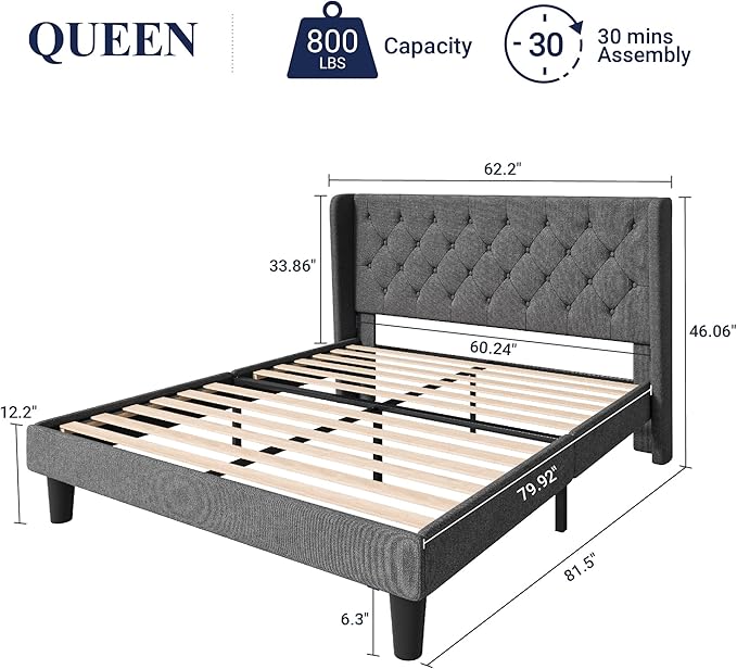 Allewie Queen Size Bed Frame with Button Tufted Wingback Headboard, Upholstered Platform Bed with Wooden Slats Support - No Box Spring Needed, Noise-Free, Easy Assembly, Dark Grey