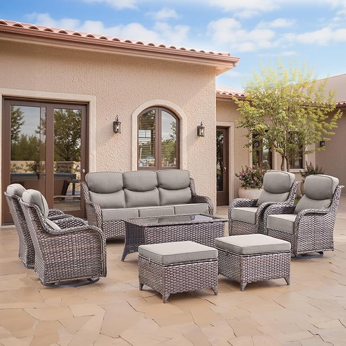 Swivel Patio Chairs sofa Set of 5 with 6" Thick Cushion - Wicker Outdoor Swivel Rocker Patio Chair with Side Table, High Back Comfortable Outdoor Glider Chairs - Brown Wicker | Grey Cushions