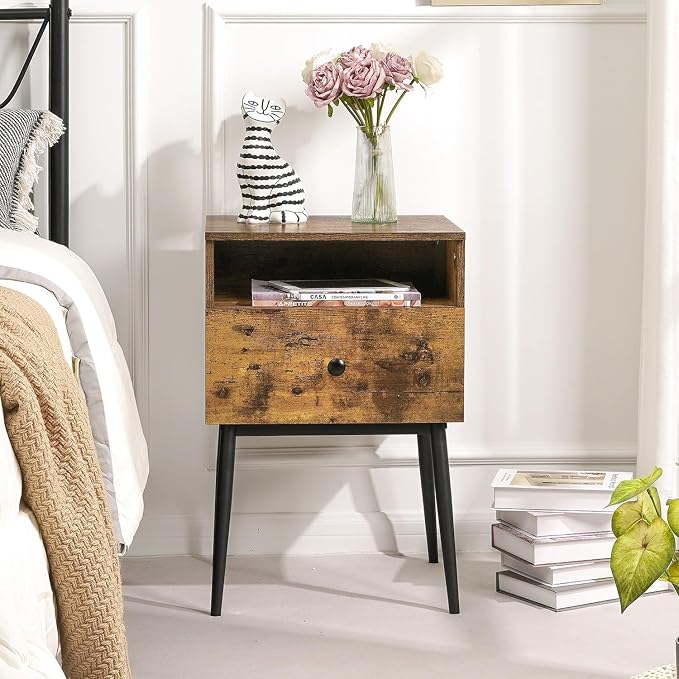 VECELO Modern Wood Night Stand,Square End Table Side Table with Drawer and Storage Space for Bedroom and Living Room