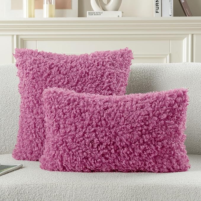 FUTEI Hot Pink Decorative Throw Pillow Covers 12x20 Inch Set of 2,Soft Fluffy Faux Wool Fur Boucle Textured Lumbar Pillow Case,Modern Home Decor for Couch Bed Living Room Office