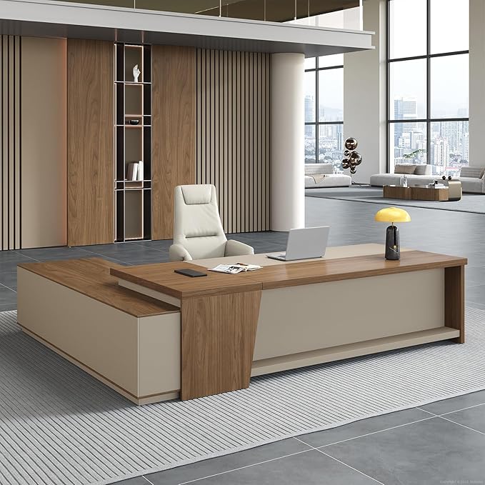Premium Executive Desk, Modern L Shape Office Executive Desk with Drawers, Lockable Storage & Cable Management (Champagne Wood Grain+Beige/Right,79" L*63" W*30" H)