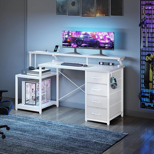 ODK 55 Inch Gaming Computer Desk with Power Outlets and 4 Drawers, Large Home Office Desk with Monitor Stand, Printer Shelf and Storage Shelves for Gaming or Bedroom Setup, White