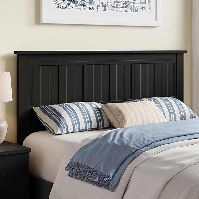 Serene Solid Wood Window-Pane Panel Headboard – Easy Assembly, Casual Coastal Style – Queen Size in Black