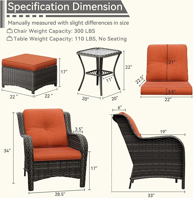 5 Pieces Patio Conversation Set, Wicker Chairs Set of 2 and Two Ottomans with 3.5-inch Seat Cushions, 1 Side Table High Back and Curved Armrest for Backyard, Balcony and Deck, Orange