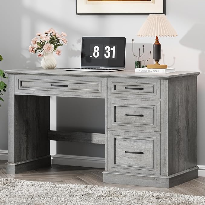 Farmhouse 47" Executive Desk, Computer Desk with Drawers and File Drawer, Workstation Computer Desk with Charging Station for Home Office,Study,(Grey)