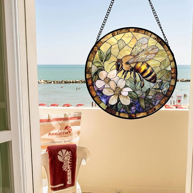 Stained Glass Window Hanging, Vintage Bee Yellow Flower Sun Catcher for Window Door Home Decor Suncatcher Christmas Mother's Day Birthday Gifts for Women Men Mom and Nana 7.8 in