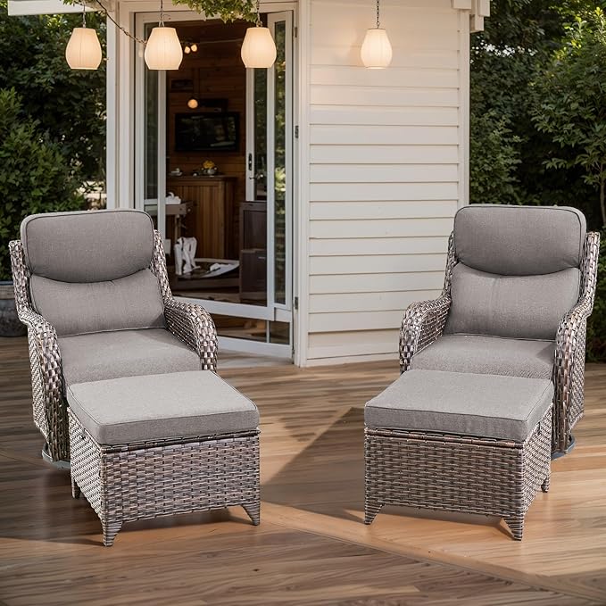 HUMMUH Wicker Patio Furniture High Back Swivel Rocker Patio Chairs Outdoor Bistro Set with Ottomans Side Table for Porch Garden Deck