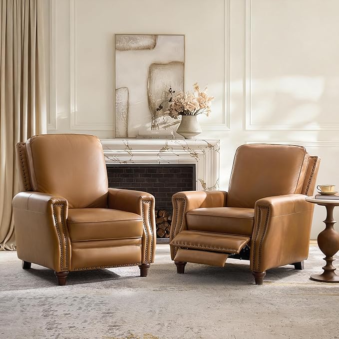 HULALA HOME Genuine Leather Recliner Chair Set of 2, Push Back Recliner Armchair with Thick Seat and Backrest(Camel)