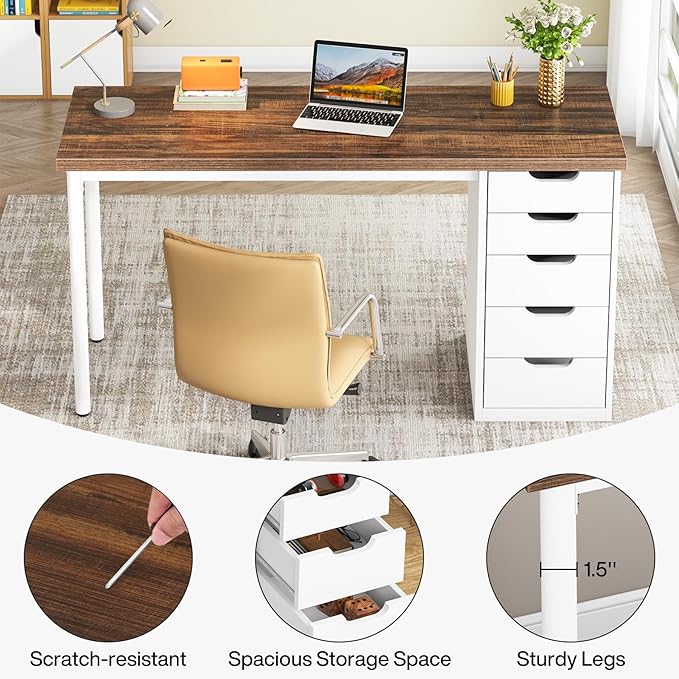 Tribesigns Computer Desk with 5 Drawers, 47 inches Rustic Brown Home Office Desk with Storage, Modern Simple Laptop Desk Study Writing Table for Small Spaces (Reversible Drawer Cabinet)
