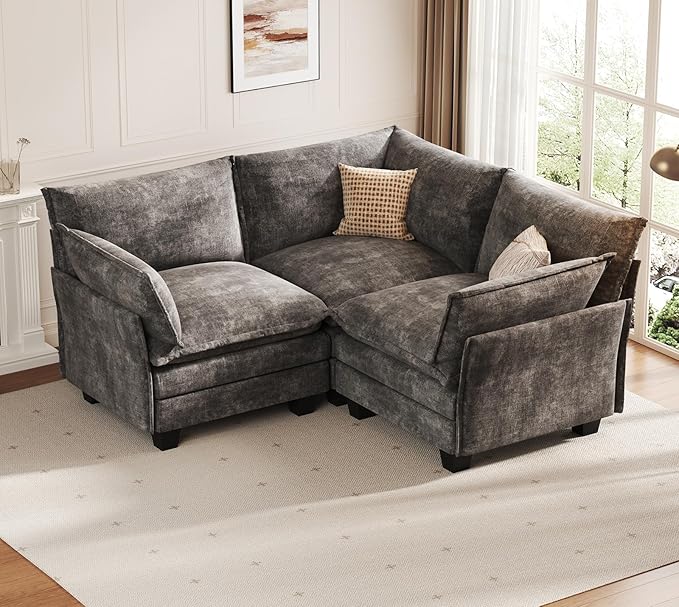 KKL Modular Sectional Sofa, V-Shaped 3 Seater Cloud Couch with Ottoman, Chenille Modern Sectional Couches for Living Room, Apartment Grey
