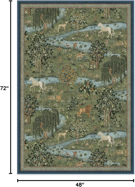 RUGGABLE x Morris & Co Washable Area Rug – Owl & Willow Green 4x6, Stain-Resistant, Non-Slip – Medium Machine Washable Rugs for Living Room, Bedroom, Hallway, Entryway & Office–with Cushioned Pad