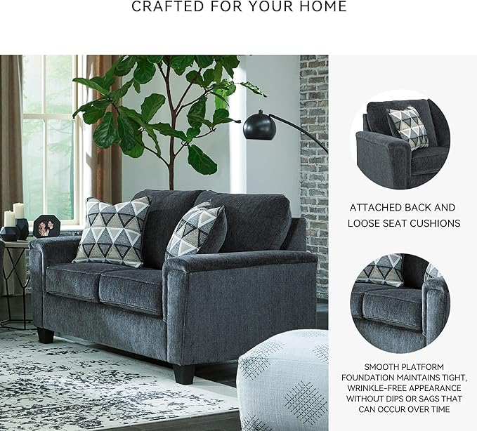 Signature Design by Ashley Abinger Chenille Contemporary Loveseat with 2 Accent Pillows, Dark Gray