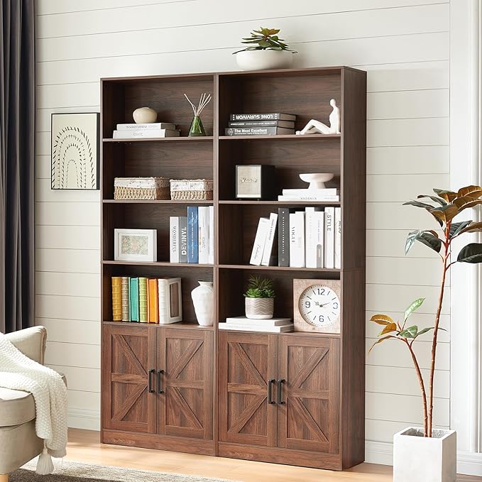 70in Tall Bookshelf 6 Tier Bookcase with Barn Doors and Adjustable Shelf, Brown Farmhouse Book Shelves with Storage Cabinet,Wood Floor Standing Display Bookshelve for Bedroom,Living Room,Kitchen