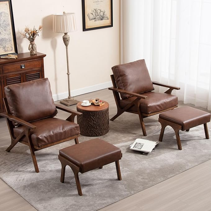 Brown Leather Accent Chair and Ottoman, Mid Century Modern Arm Chair, Retro Upholstered Armchair with Wood Frame & Removable PU Cushions, Large Leisure Slipper Chair for Living Room/Bedroom, Set of 2
