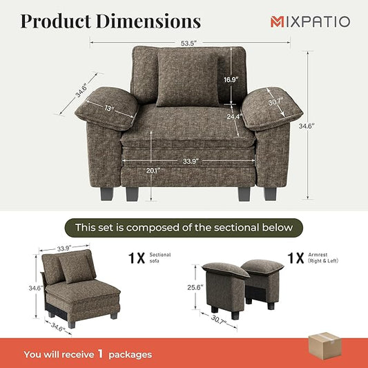 53.5" Modular Sectional Single Sofa, Soft Plush Chenille Armchair with Comfortable Deep Seat & Removable Arms for Living Room,Smoky Gray