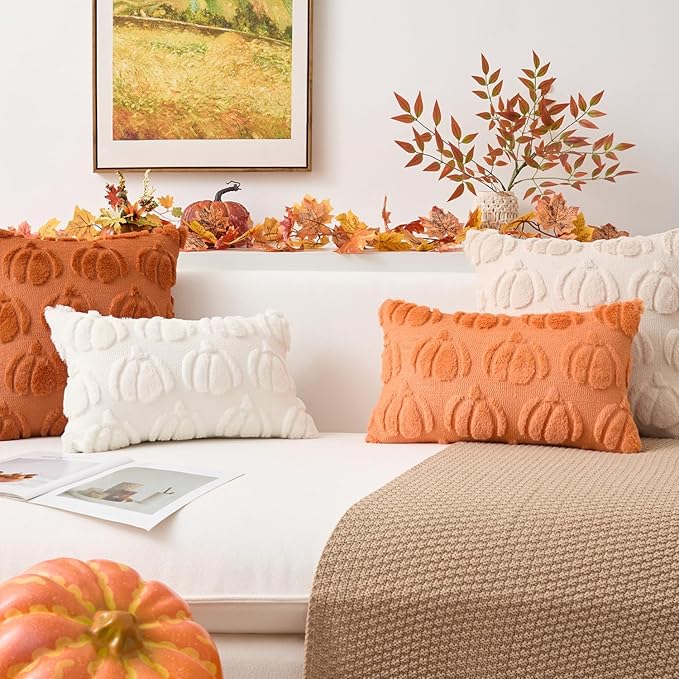 Kevin Textile Fall Pillow Covers 18x18 Inch Set of 2 Soft Pumpkins Decorative Square Pillowcases Plush Autumn Faux Fur Cushions Harvest Gift for Couch Sofa Chair Bedroom Home Decor, Cream White