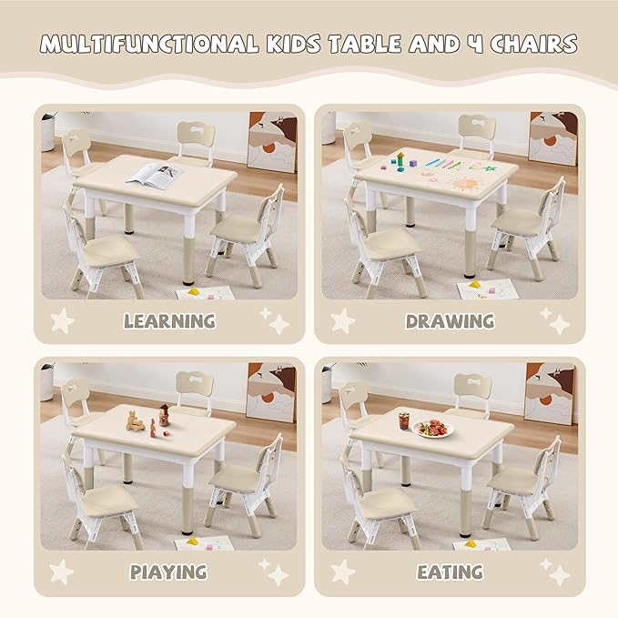 Adjustable Kids Table Chairs Set – Graffiti Desktop, Multi-Activity Height-Adjustable Toddler Study Desk for Ages 3-8 – Ideal for Home, Classroom, Daycare (W-Wood, 4 Chairs-31.5" L x 23.6" W)
