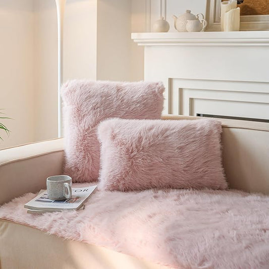 Neelvin Pink Faux Fur Cozy Fluffy Double-Sided Decorative Throw Pillow Covers 20x20 inch Set of 2,Velvet Pillowcase Cushion Case for Sofa Couch