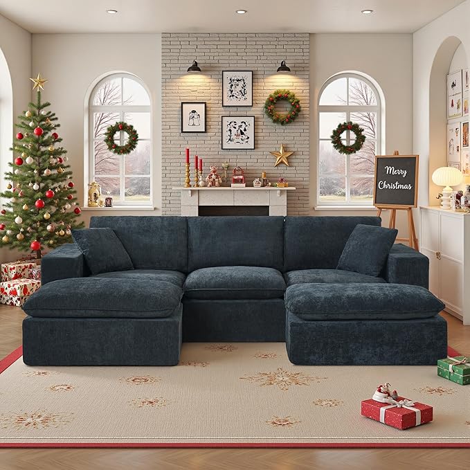 108" Sectional Couches for Living Room Boneless Couch Upholstered Cloud Couch Sectional Modular Sectional Sofa with L Shaped (Chenille-Blue, 3 Seat+2 Ottoman)
