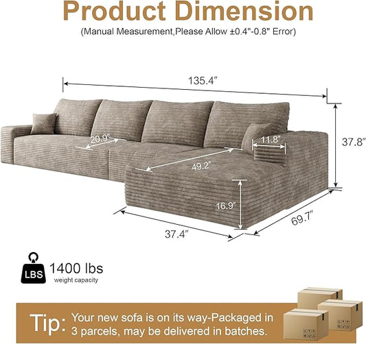 136" Sectional Couches for Living Room Modern Modular Sofa with L-Shape Couchs Upholstered Boneless Couch Deep Seat Sectional Couch with Chaise (Camel, Right Facing Chaise+3Seaters)