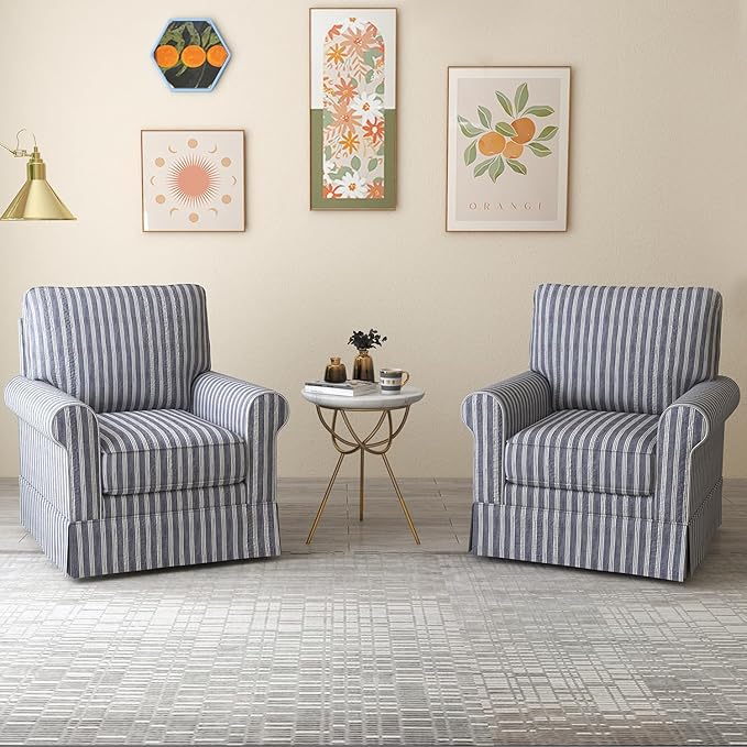 INZOY Swivel Accent Chair Linen Mid Century Modern Chair, Comfy Swivel Barrel Reading Chair, Upholstered Square Chair for Living Room Bedroom Small Spaces, Fully Assembled, Blue Stripe