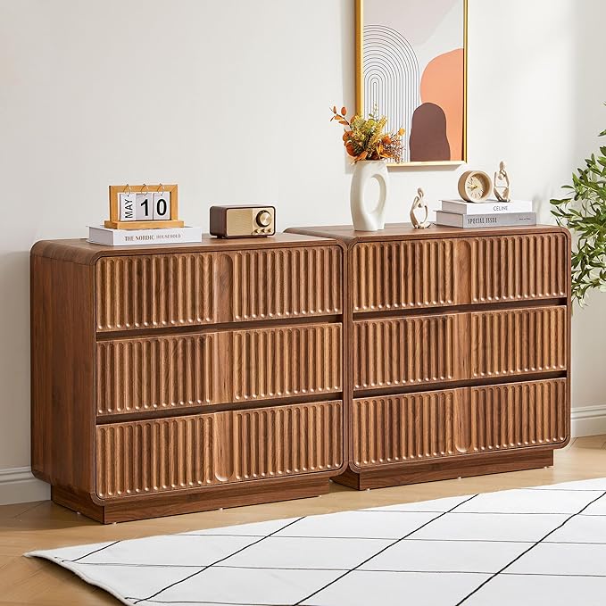 Fluted 3 Drawer Dressers for Bedroom, 31.5" Wide Large Mid Century Modern Nightstand 2 Sets W/3 Storage Drawers , Wood Dresser & Chest of Drawers with Curved Profile for Living Room (Walnut)