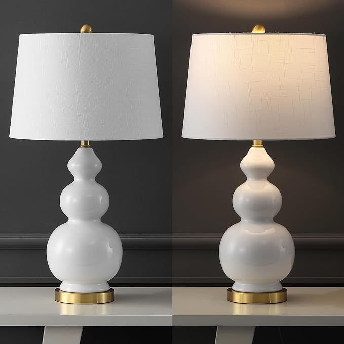 JONATHAN Y JYL4023D Bowen 27.5" Contemporary Transitional Ceramic Gourd LED Table Lamp, White/Brass Gold for Bedroom, Living Room, Kitchen, Home Office, Kids Room