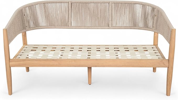 Christopher Knight Home Katarina Patio Acacia Wood Loveseat Furniture, Outdoor Loveseat Sofa with Comfy Fabric Cushions, 2-Seater Sofa with Handwoven Rope Backrest for Garden, Light Brown+Beige
