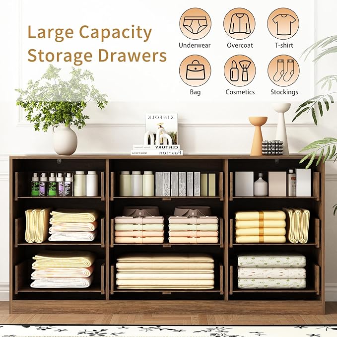 3-Piece Modern Bedroom Furniture Set, Wide 9-Drawer Dresser & 3-Drawer Nightstands Set of 2, Natural Wood Dresser and Nightstand Sets for Bedroom, Hallway, Walnut